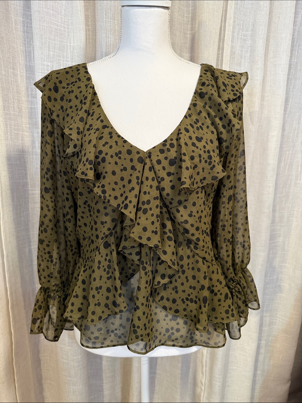 MISA Los Angeles Olive Polka Dot Ruffle Blouse Open Back Tie Top Size Large
